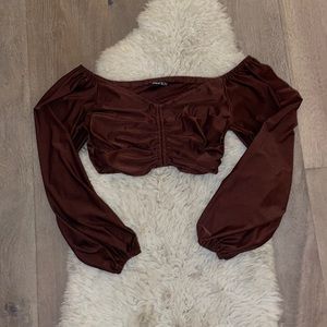 Off the shoulder mesh brown top from shein
